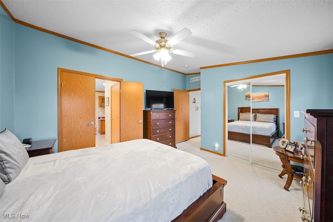 17296 Old State Road Middlefield, OH 44062 - Photo 17 of 44 Carpeted bedroom with ceiling fan, crown molding, a textured ceiling, and a closet