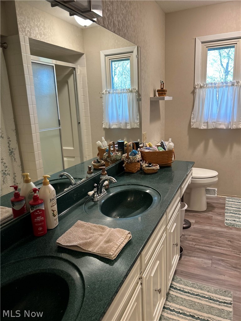 8871 Clinton Road Cambridge, OH 43725 - Photo 19 of 33 Bathroom featuring wood-type flooring, large vanity, and toilet