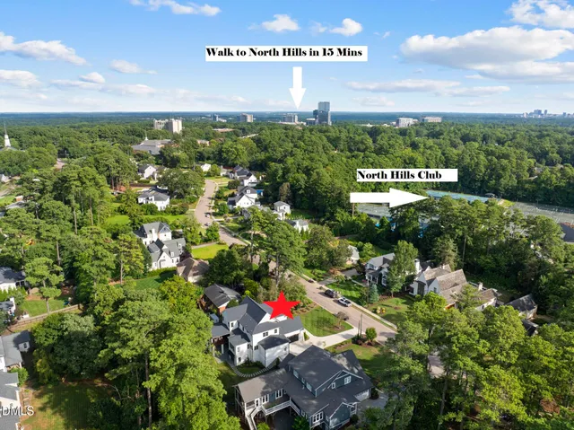 an aerial view of a house with a yard and a large tree