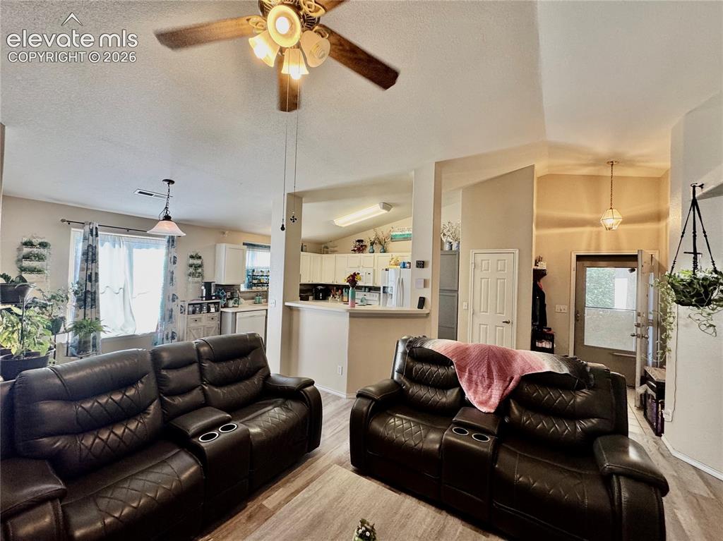 3748 Riviera Grove, Unit 203 Colorado Springs, CO 80922 - Photo 11 of 23 a living room with furniture and a fireplace