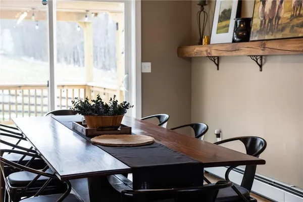 a view of a dining room with furniture