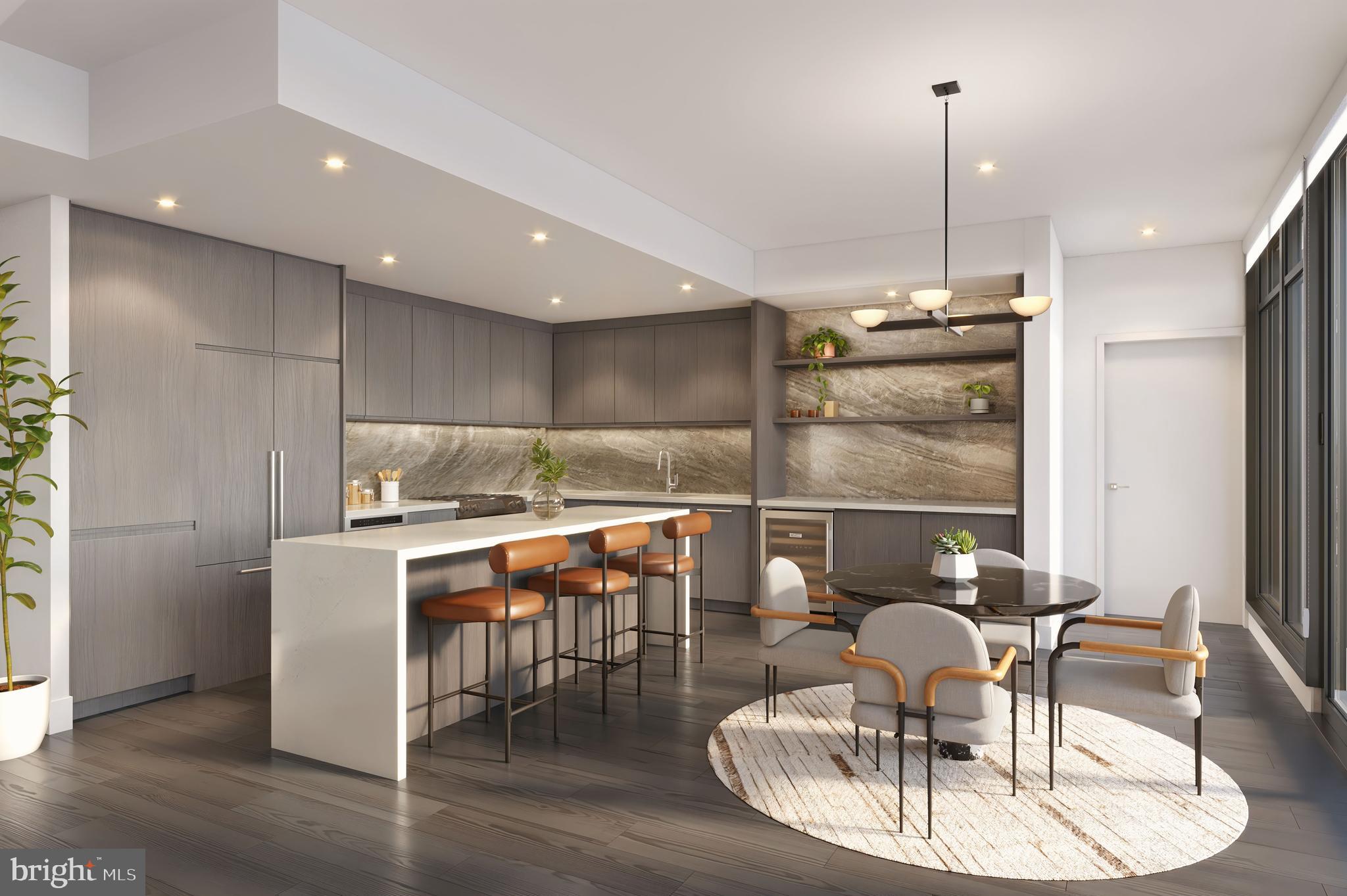 2650 Woodley Road Northwest, Unit 704/VARIES Washington, DC 20008 - Photo 30 of 36 a kitchen with stainless steel appliances kitchen island granite countertop a table chairs and a living room view