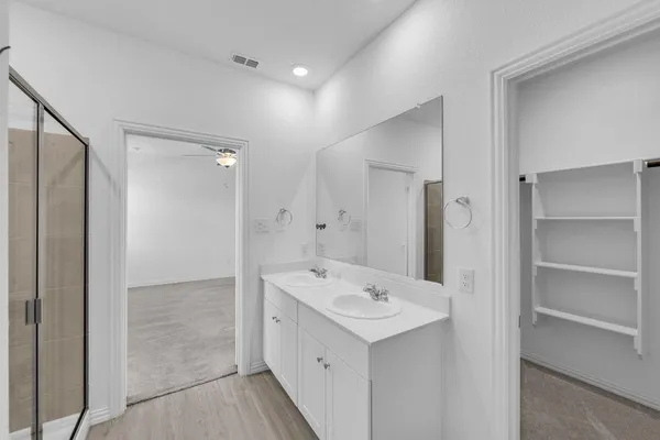 a bathroom with a sink a mirror and a shower