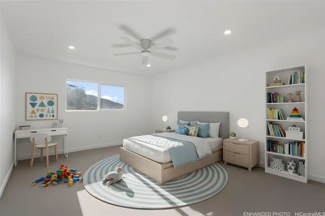 a room with a bed and a chandelier