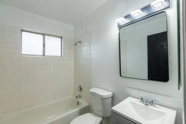 a bathroom with a toilet a sink a mirror and bathtub
