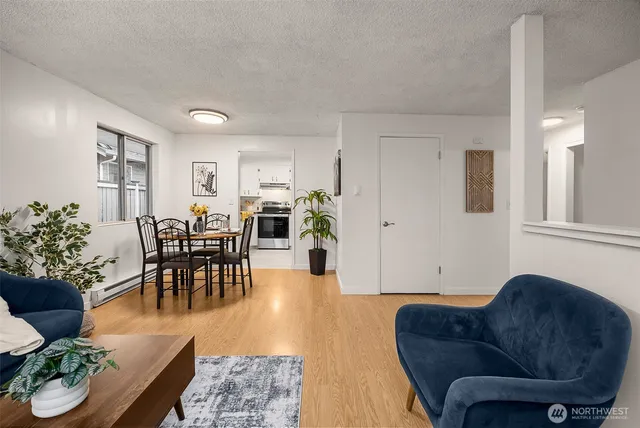 a living room with furniture potted plant and a window