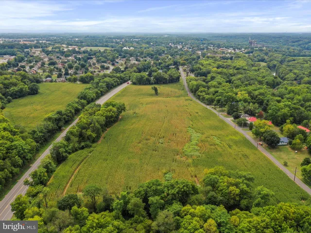 an aerial view of residential houses with outdoor space and trees