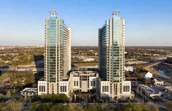 a city view with tall buildings