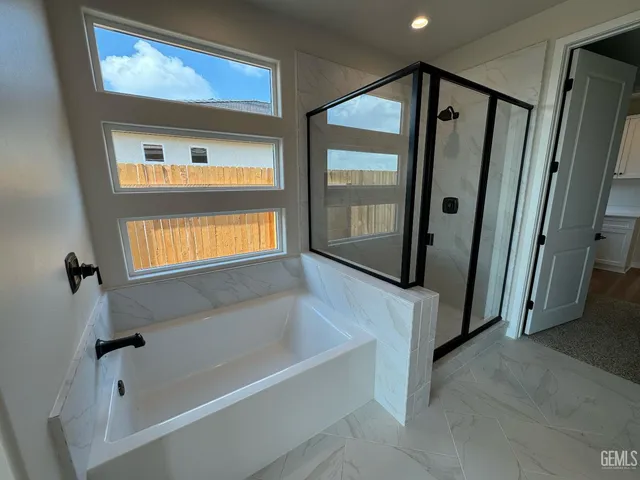 a bathroom with a bathtub and a shower