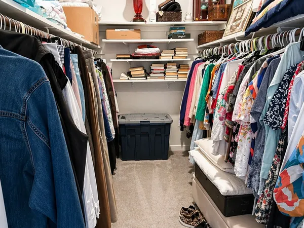 a view of walk in closet with clothes and shoes