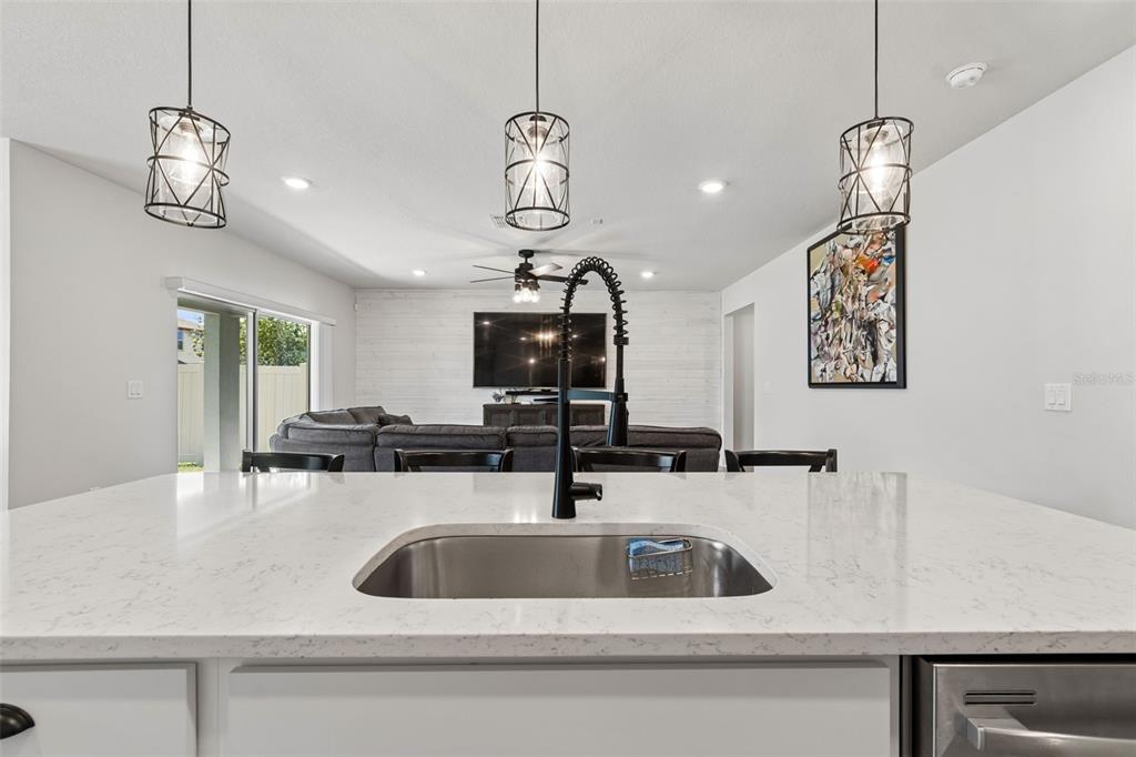 6608 Ryestone Way Wesley Chapel, FL 33545 - Photo 14 of 66 a kitchen with a sink a chandelier stainless steel appliances and living room view