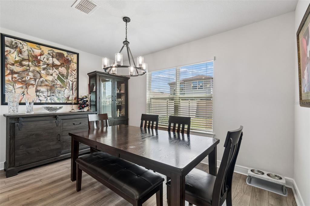 6608 Ryestone Way Wesley Chapel, FL 33545 - Photo 17 of 66 a dining room with furniture a chandelier and wooden floor