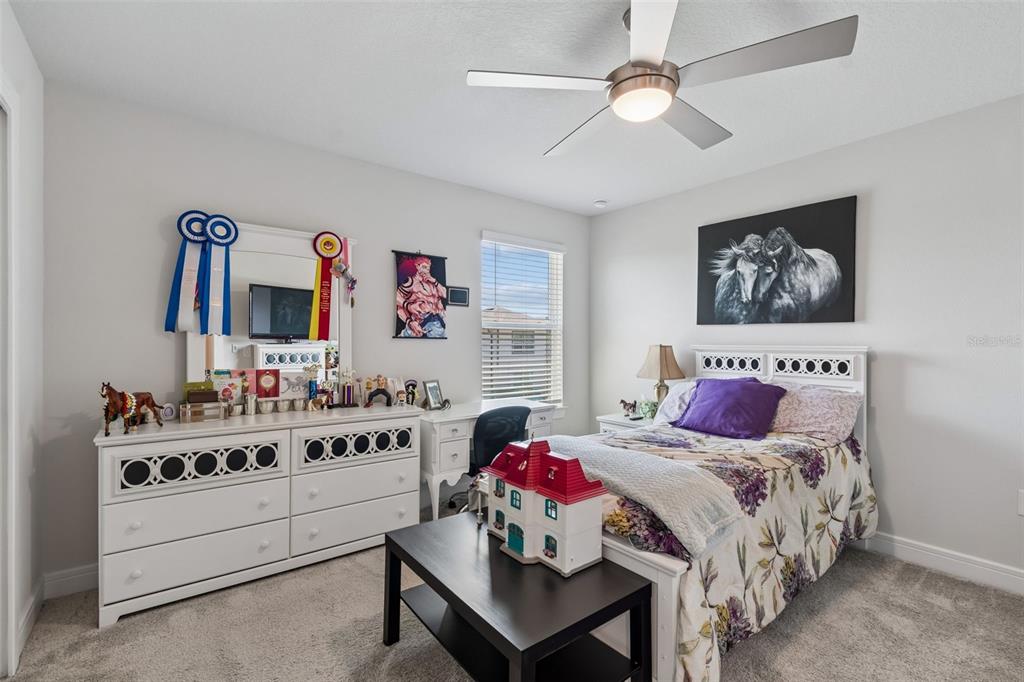 6608 Ryestone Way Wesley Chapel, FL 33545 - Photo 47 of 66 a bedroom with a bed and a chandelier
