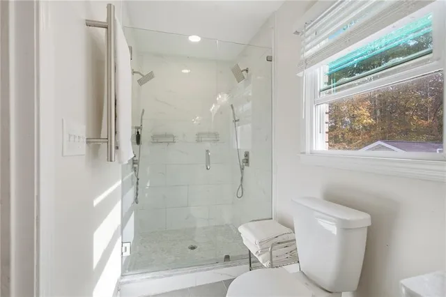 a bathroom with a toilet and a shower