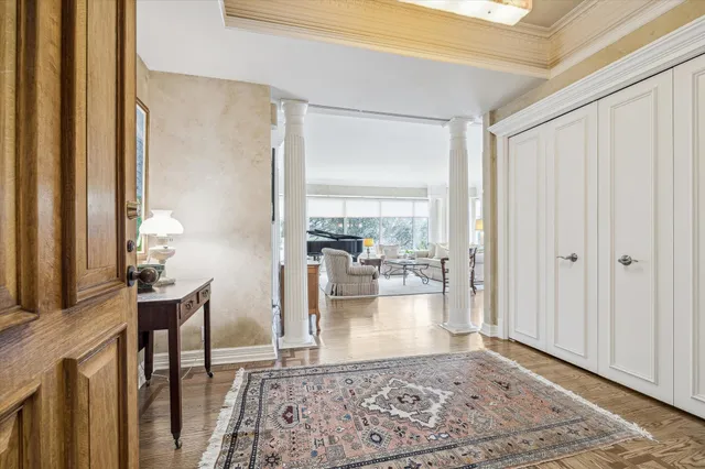 a living room with furniture and a table