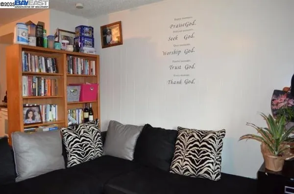 a living room with furniture and a book shelf