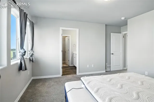 a bedroom with a bed and a shower