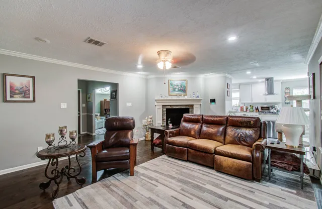 a living room with furniture and a fireplace