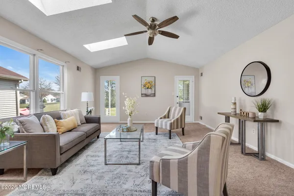 a living room with furniture a rug potted plant and a large window
