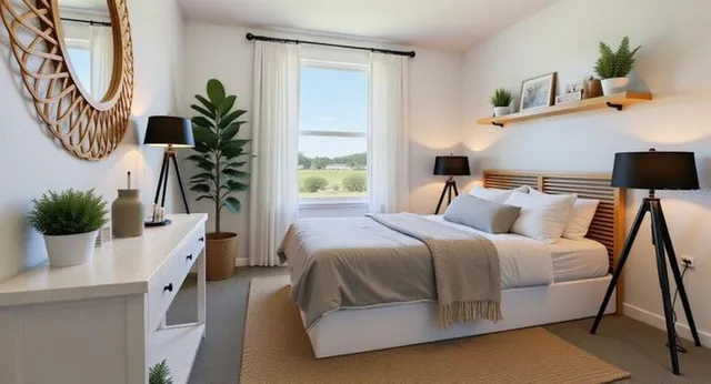 a bedroom with a bed and a potted plant