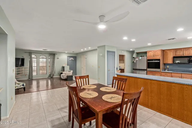 a view of a dining room with furniture