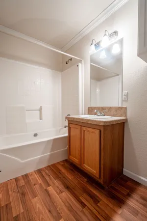 a bathroom with a sink mirror vanity and bathtub