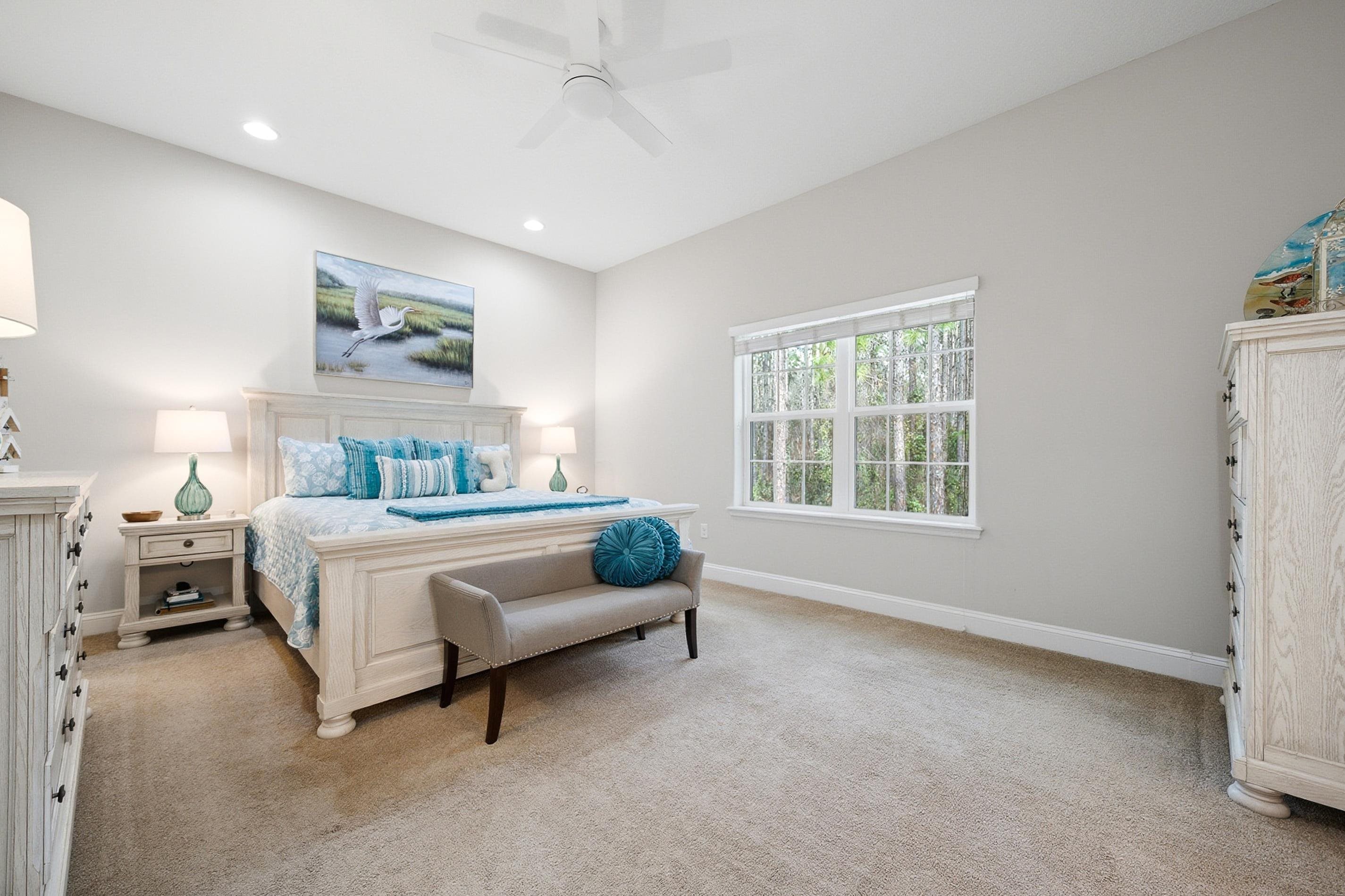 200 Grand Ravine Drive St. Augustine, FL 32086 - Photo 15 of 34 Bedroom with light colored carpet, a ceiling fan, and recessed lighting