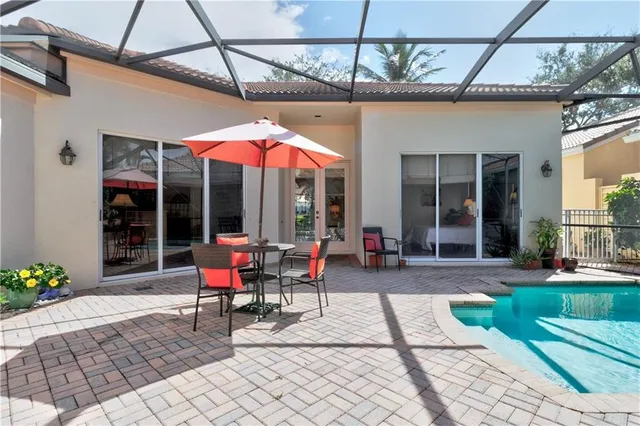 a view of a building with sitting area