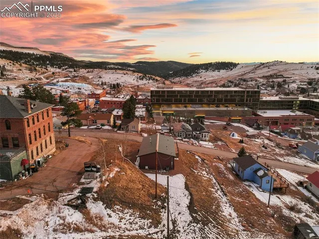 an aerial view of residential houses with city view