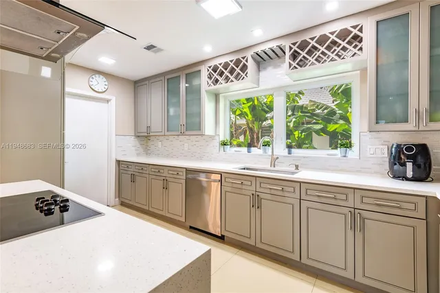 a kitchen with stainless steel appliances a sink and a large window
