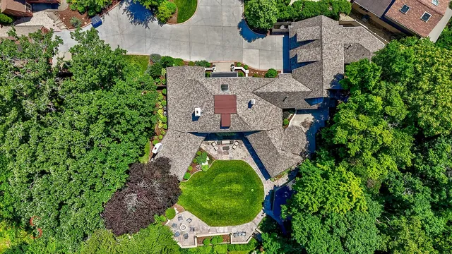 an aerial view of a house with a yard and large trees