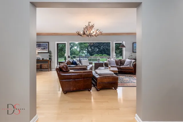 a living room with furniture a rug potted plant and a large window