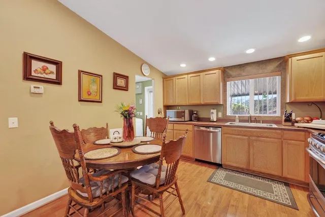an aerial view of a house with a garden