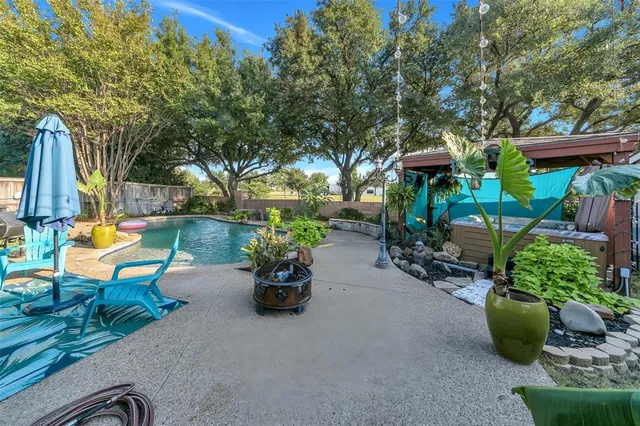 an outdoor space with seating