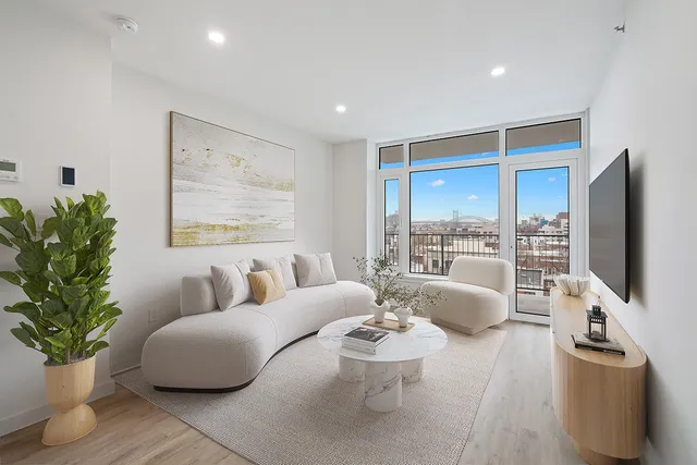 a living room with furniture potted plant and a flat screen tv