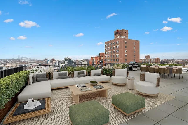 a view of a roof deck with couches and potted plants