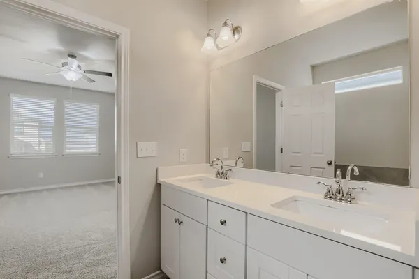 a bathroom with a sink double vanity and a mirror
