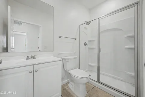 a bathroom with a shower sink vanity mirror and toilet