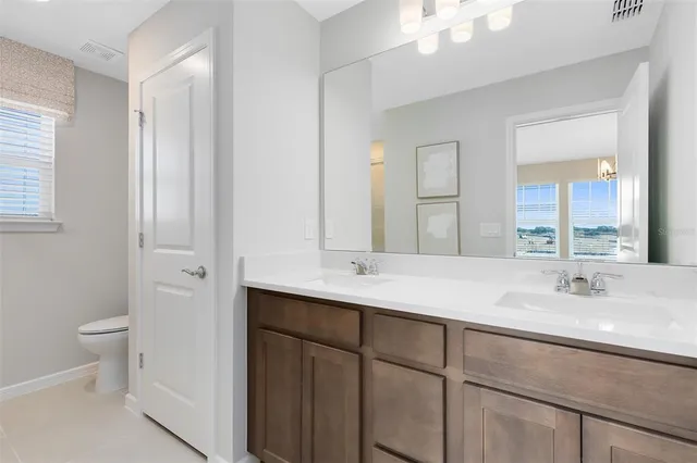a bathroom with a double vanity sink toilet and a mirror