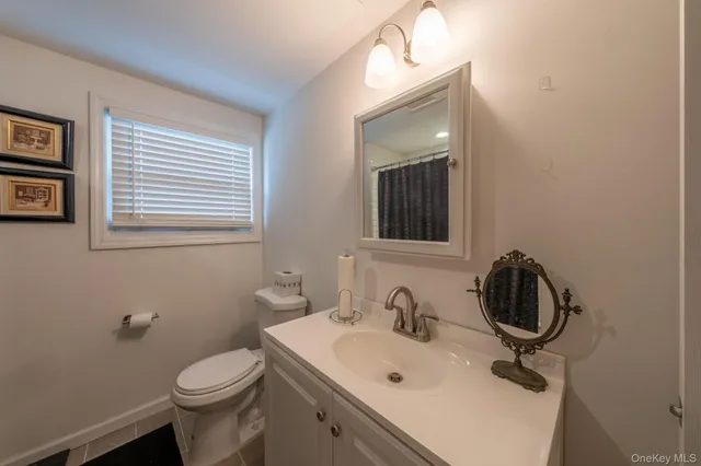 a bathroom with a sink a toilet and mirror