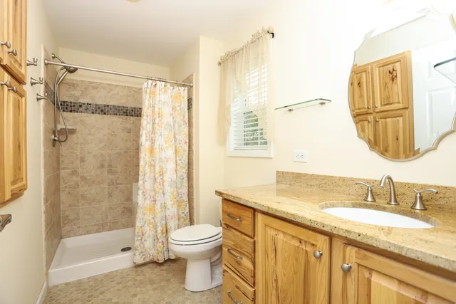 a bathroom with a granite countertop sink toilet and shower
