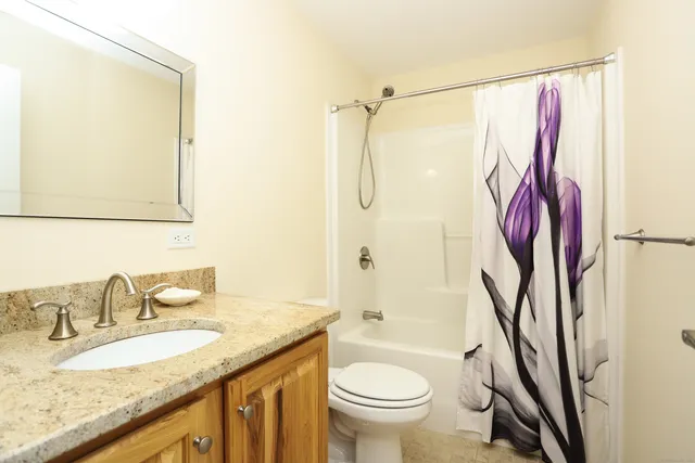 a bathroom with a granite countertop sink toilet and shower