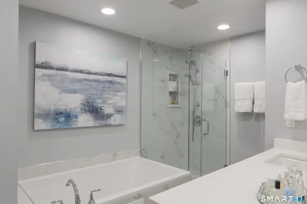 a bathroom with a bathtub and a shower