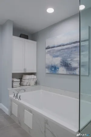 a bathroom with a bathtub and a shower