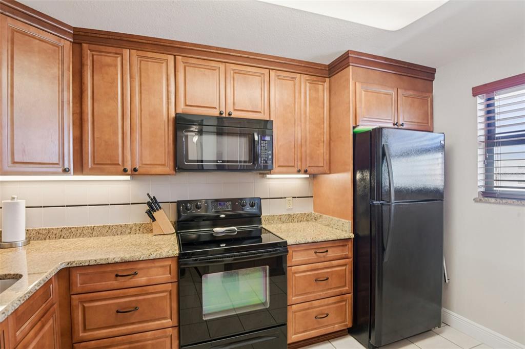 18304 Gulf Boulevard, Unit 607 Redington Shores, FL 33708 - Photo 8 of 30 a kitchen with granite countertop a refrigerator stove and microwave