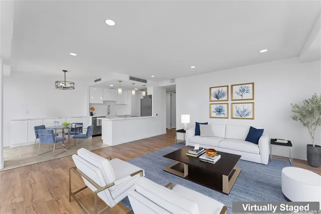 a living room with furniture and a table