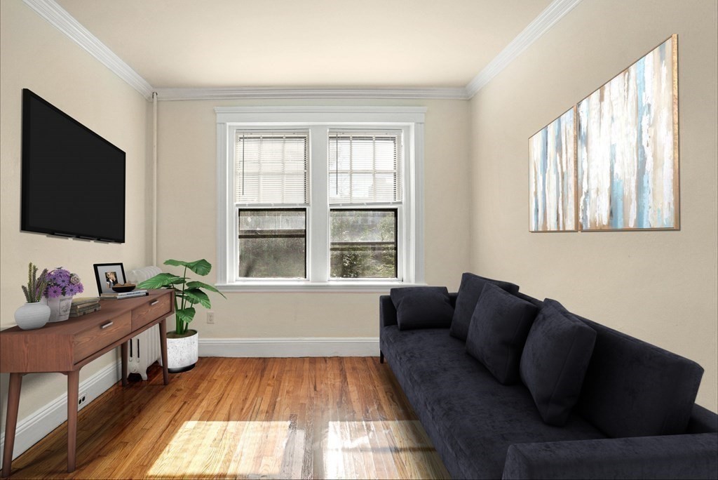 55 Lanark Road, Unit 6 Boston, MA 02135 - Photo 5 of 12 a living room with furniture and a flat screen tv