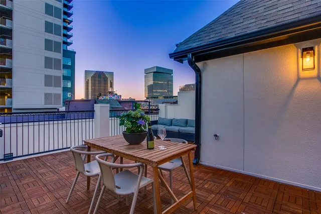a outdoor dining space with furniture
