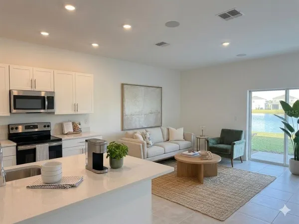 a living room with furniture and a kitchen