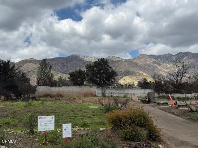 a view of a town with mountains in the background